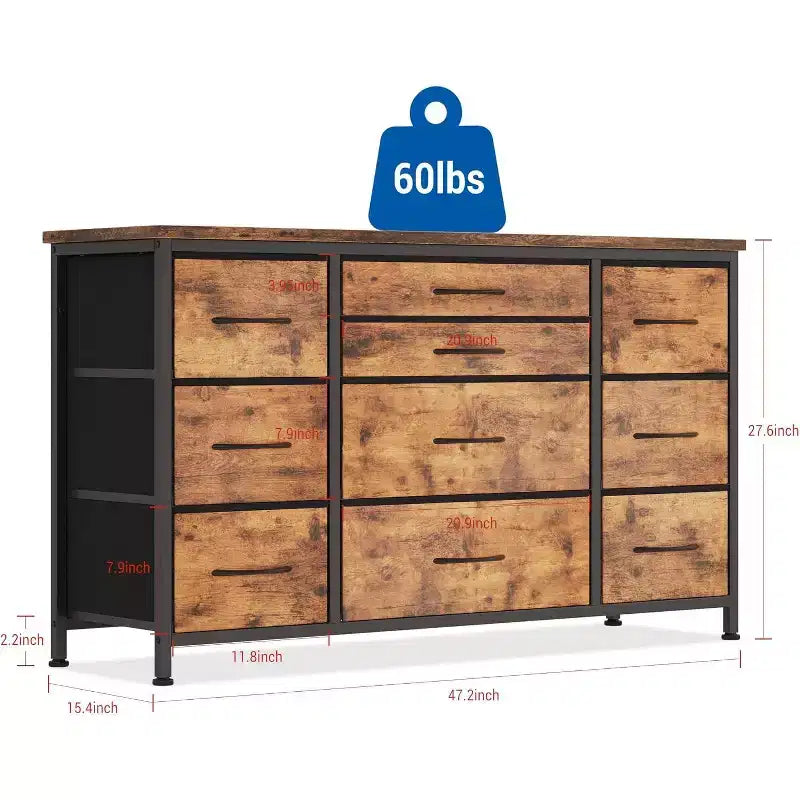 Commode à 10 tiroirs gris foncé / motif tigré avec prise de courant – Utilisation par 1 personne
