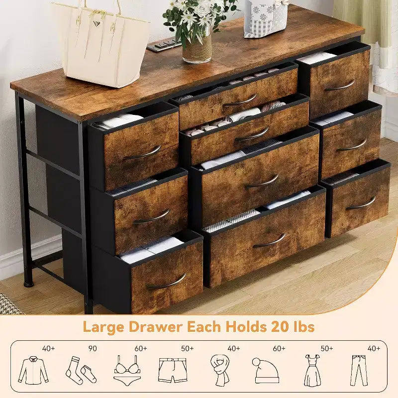 Commode à 10 tiroirs gris foncé / motif tigré avec prise de courant – Utilisation par 1 personne