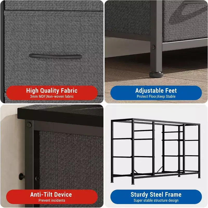 Commode à 10 tiroirs gris foncé / motif tigré avec prise de courant – Utilisation par 1 personne