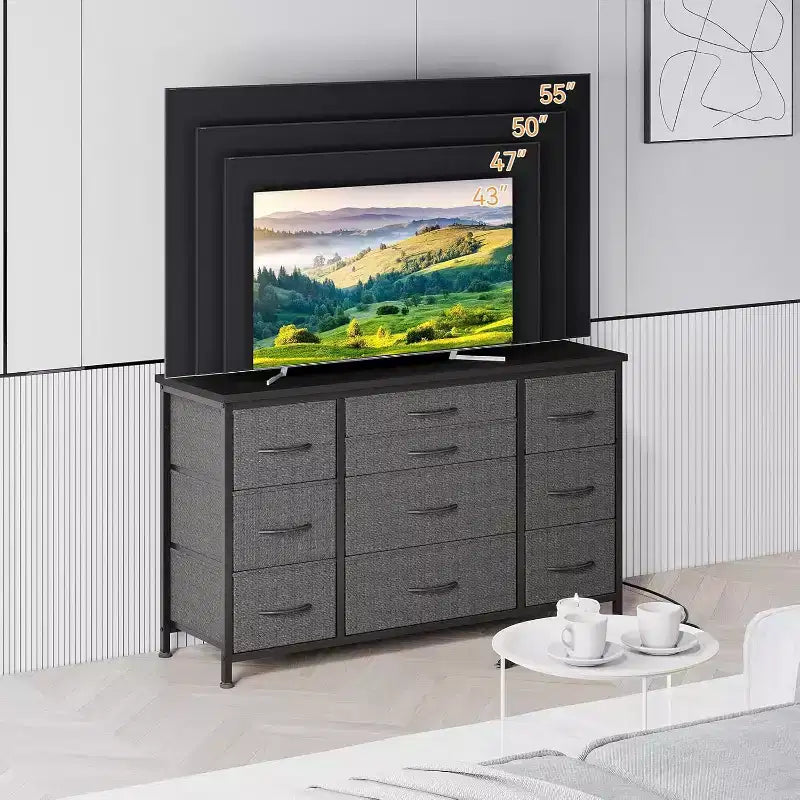 Commode à 10 tiroirs gris foncé / motif tigré avec prise de courant – Utilisation par 1 personne