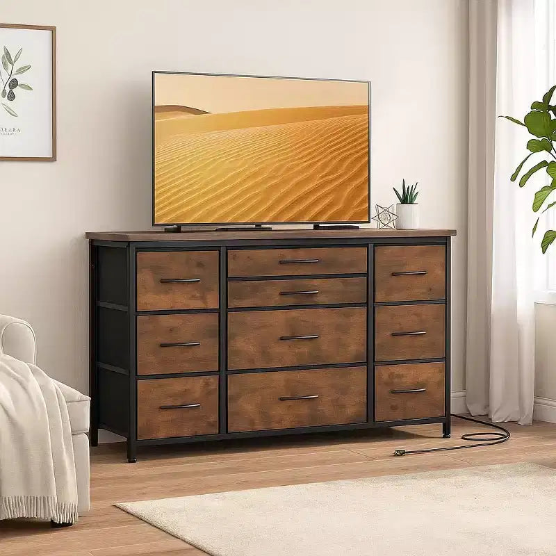 Commode à 10 tiroirs gris foncé / motif tigré avec prise de courant – Utilisation par 1 personne