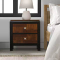 Royal Hampton 28 Inch Handcrafted Bedside Nightstand, 2 Drawers, Sleek Wood Pattern, Square Knobs, Walnut Brown