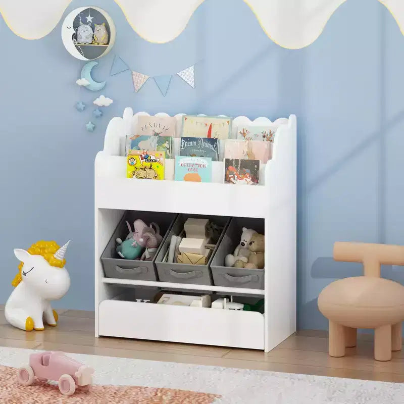 Bibliothèque blanche à 3 étagères pour enfants avec bacs en tissu gris et tiroir, pour 1 à 2 tout-petits