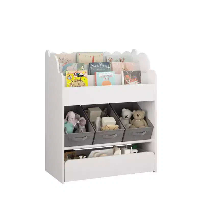 Bibliothèque blanche à 3 étagères pour enfants avec bacs en tissu gris et tiroir, pour 1 à 2 tout-petits