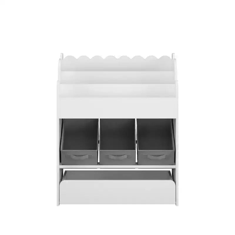 Bibliothèque blanche à 3 étagères pour enfants avec bacs en tissu gris et tiroir, pour 1 à 2 tout-petits
