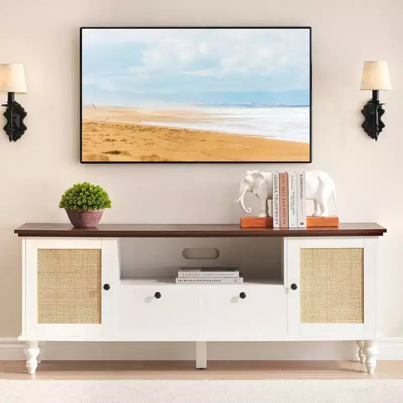 COZONY Rattan TV Stand, Boho Entertainment Center for 65-Inch TV, TV Console with 2 Cabinets & Adjustable Shelf, Modern Media Storage Cabinet