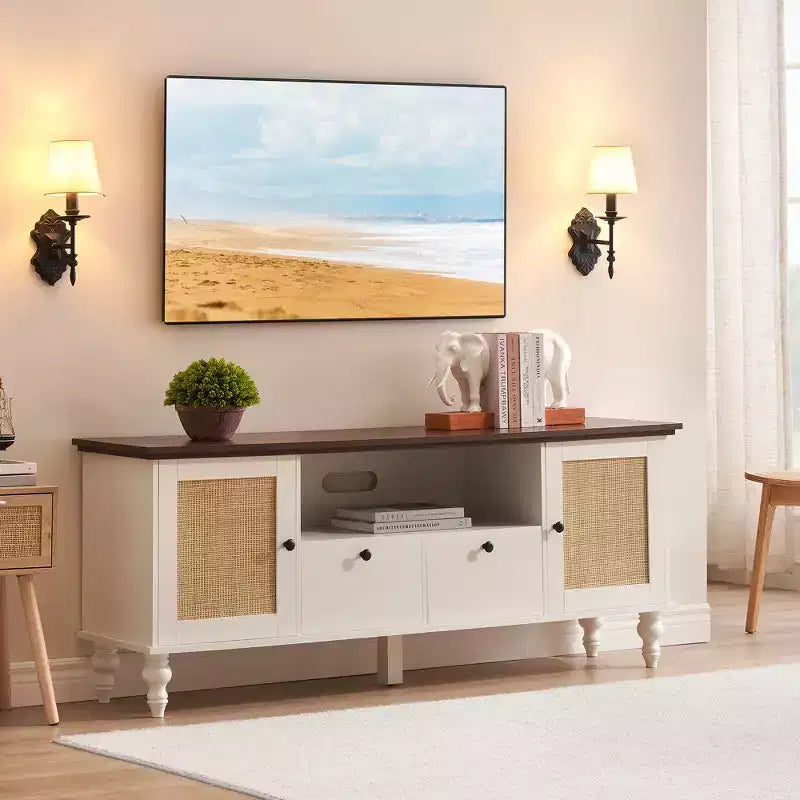 Meuble TV en rotin blanc avec placards et tiroirs, pour TV jusqu'à 70"