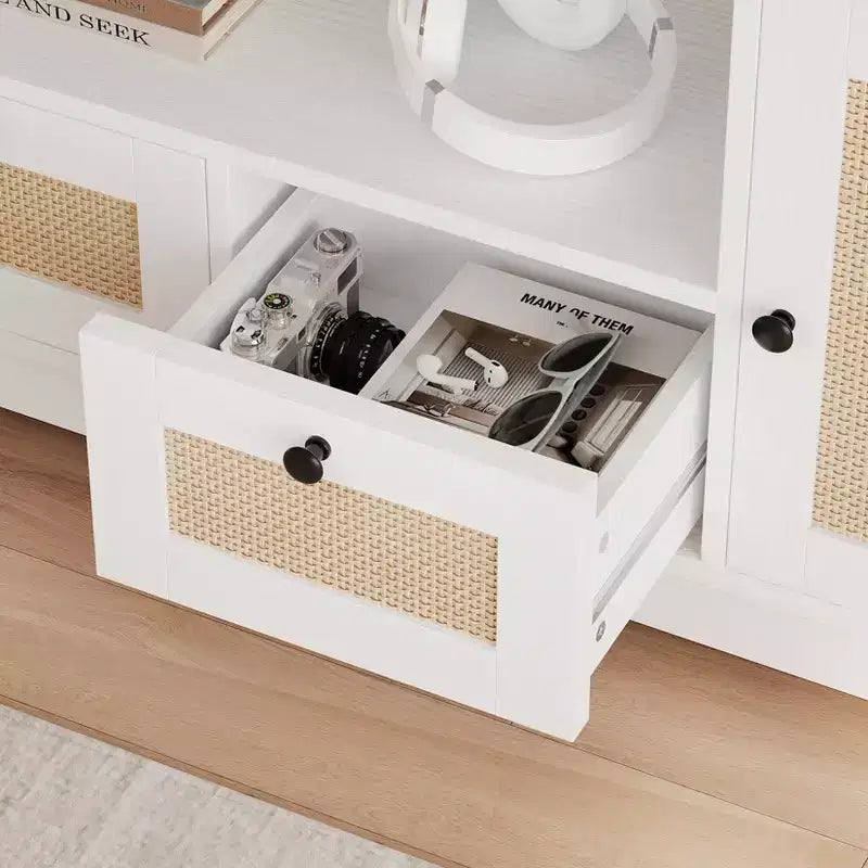 Meuble TV en rotin blanc avec placards et tiroirs, pour TV jusqu'à 70"