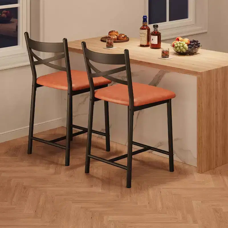 Tabourets de bar hauteur comptoir noirs/marrons/dorés, assise en PU avec dossier en X, lot de 4
