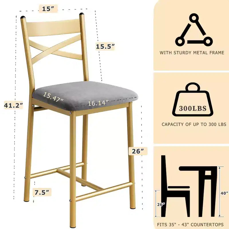 Tabourets de bar hauteur comptoir noirs/marrons/dorés, assise en PU avec dossier en X, lot de 4