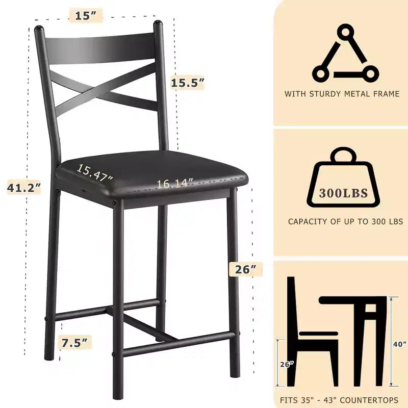 Tabourets de bar hauteur comptoir noirs/marrons/dorés, assise en PU avec dossier en X, lot de 4