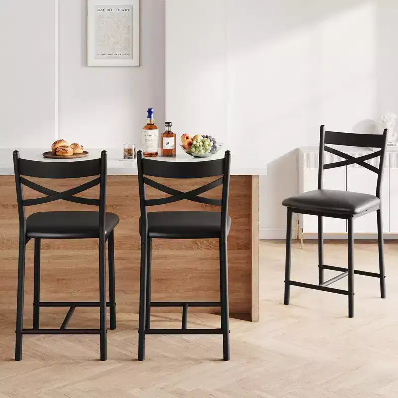 Tabourets de bar hauteur comptoir noirs/marrons/dorés, assise en PU avec dossier en X, lot de 4