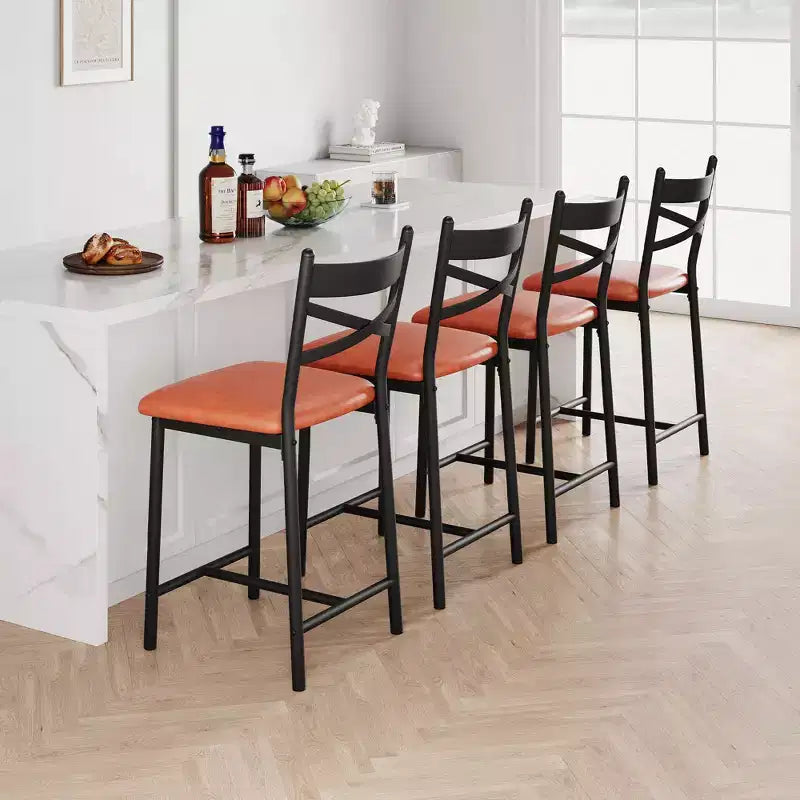 Tabourets de bar hauteur comptoir noirs/marrons/dorés, assise en PU avec dossier en X, lot de 4