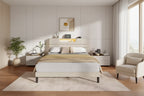 Queen Size Bed Frame with Charging Station LED Lights Upholstered Headboard Modern Platform Bed Beige Fabric 2 Tier Storage Shelf Sturdy Wooden Slats