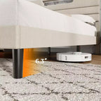 Lit plateforme Queen en tissu beige rembourré avec lumières LED et port de chargement USB – 1 personne