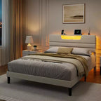 Lit plateforme Queen en tissu beige rembourré avec lumières LED et port de chargement USB – 1 personne