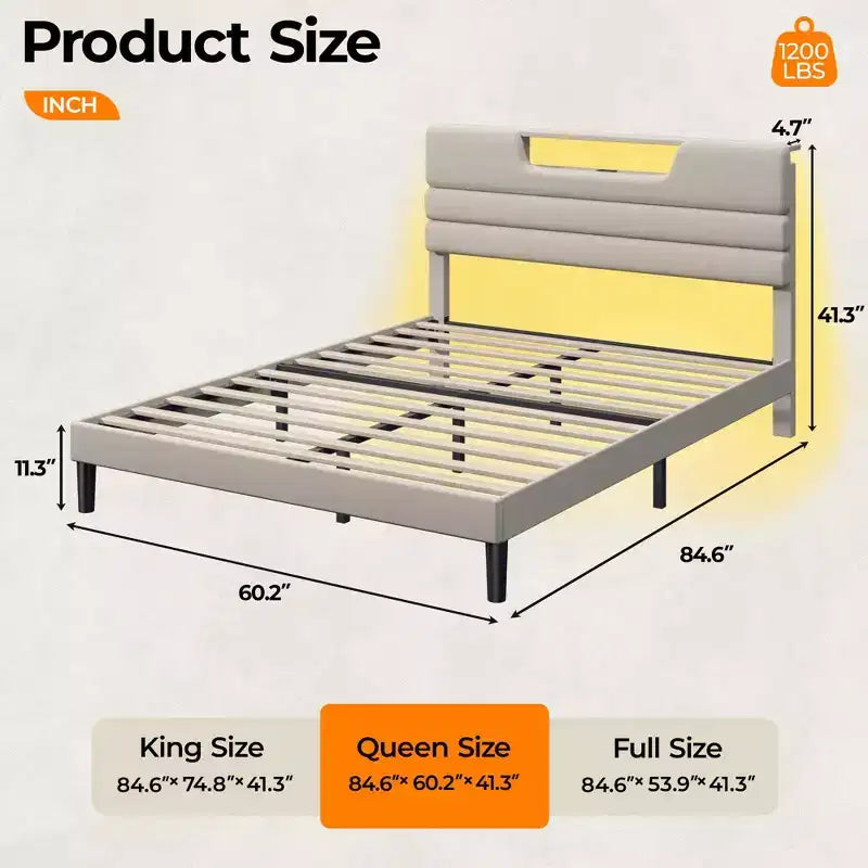 Lit plateforme Queen en tissu beige rembourré avec lumières LED et port de chargement USB – 1 personne