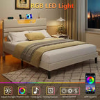 Lit plateforme Queen en tissu beige rembourré avec lumières LED et port de chargement USB – 1 personne