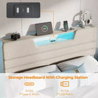 Lit plateforme Queen en tissu beige rembourré avec lumières LED et port de chargement USB – 1 personne