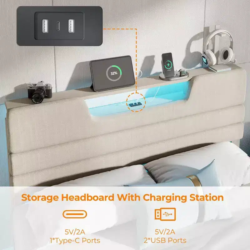 Lit plateforme Queen en tissu beige rembourré avec lumières LED et port de chargement USB – 1 personne
