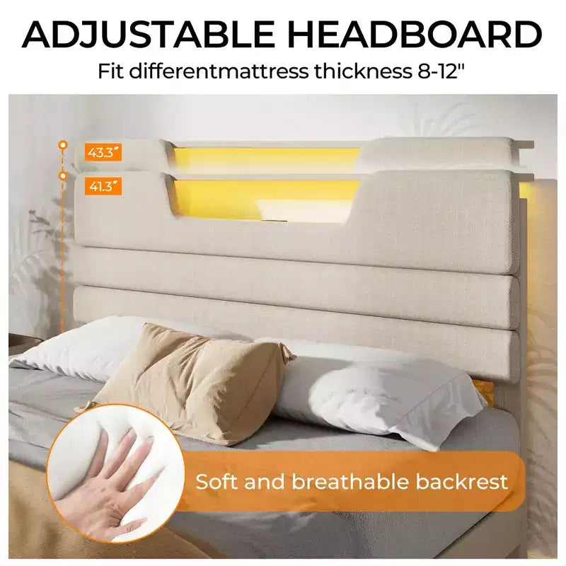 Lit plateforme Queen en tissu beige rembourré avec lumières LED et port de chargement USB – 1 personne