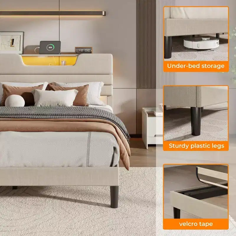 Lit plateforme Queen en tissu beige rembourré avec lumières LED et port de chargement USB – 1 personne