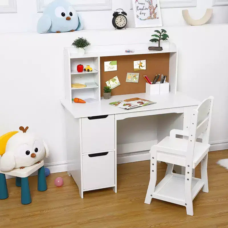 Ensemble bureau et chaise d'étude en bois naturel pour enfant, 1 place, avec étagère et tableau d'affichage