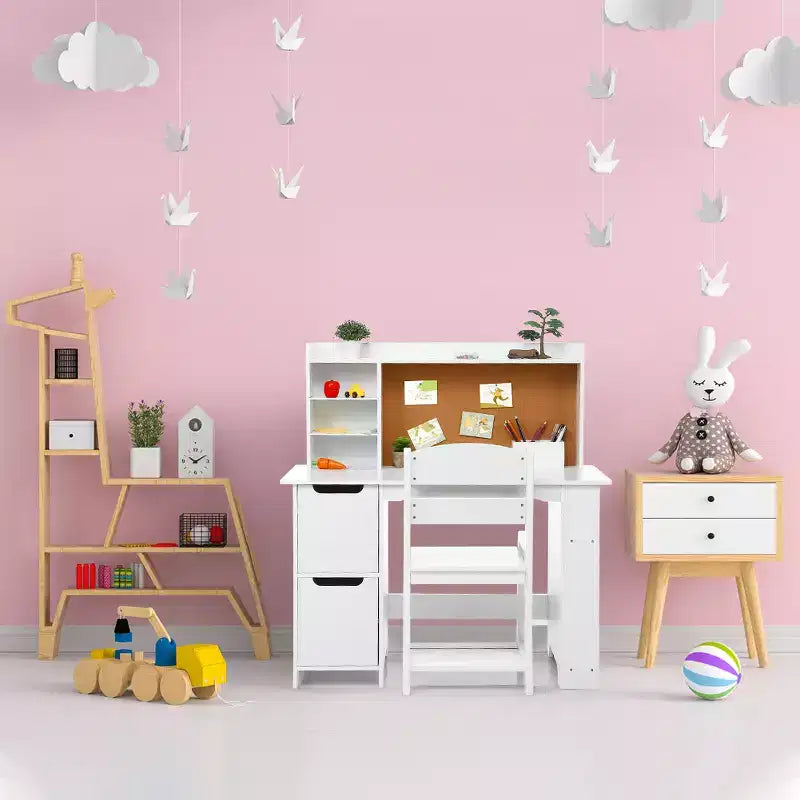 Ensemble bureau et chaise d'étude en bois naturel pour enfant, 1 place, avec étagère et tableau d'affichage