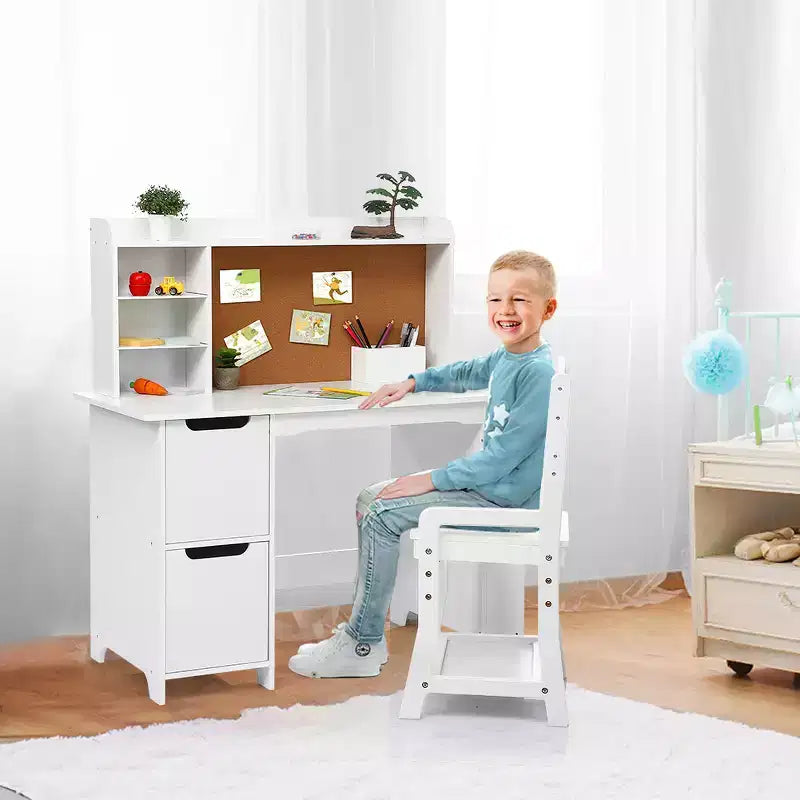 Ensemble bureau et chaise d'étude en bois naturel pour enfant, 1 place, avec étagère et tableau d'affichage
