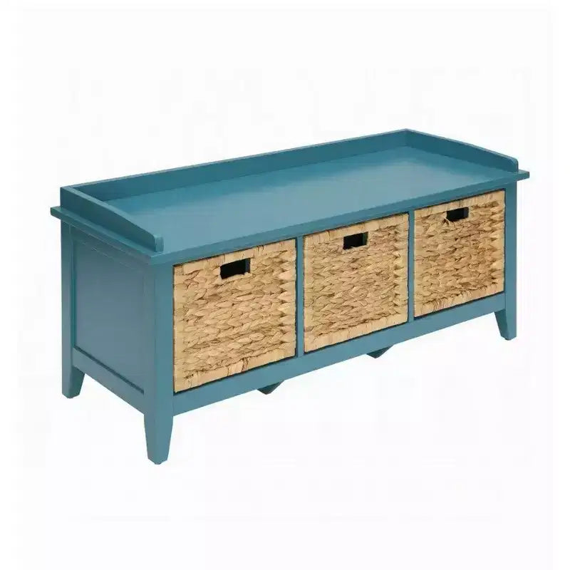 Banc de rangement rectangulaire bleu en bois avec 3 tiroirs en rotin, 1 place