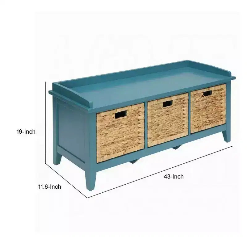 Banc de rangement rectangulaire bleu en bois avec 3 tiroirs en rotin, 1 place