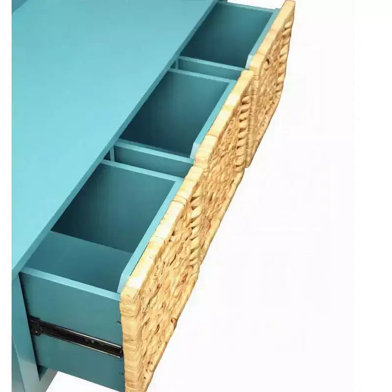 Banc de rangement rectangulaire bleu en bois avec 3 tiroirs en rotin, 1 place