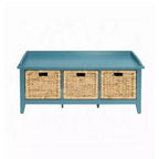 Banc de rangement rectangulaire bleu en bois avec 3 tiroirs en rotin, 1 place
