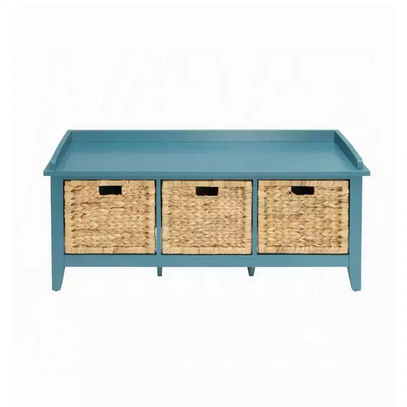 Banc de rangement rectangulaire bleu en bois avec 3 tiroirs en rotin, 1 place