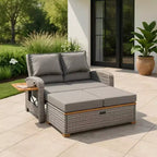 Royal Hampton Outdoor Reclining Chaise Lounge Set w Storage Bench, Pillows, Gray
