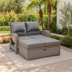 Ensemble de chaises longues de jardin inclinables 2 places en osier gris avec banc de rangement et oreillers