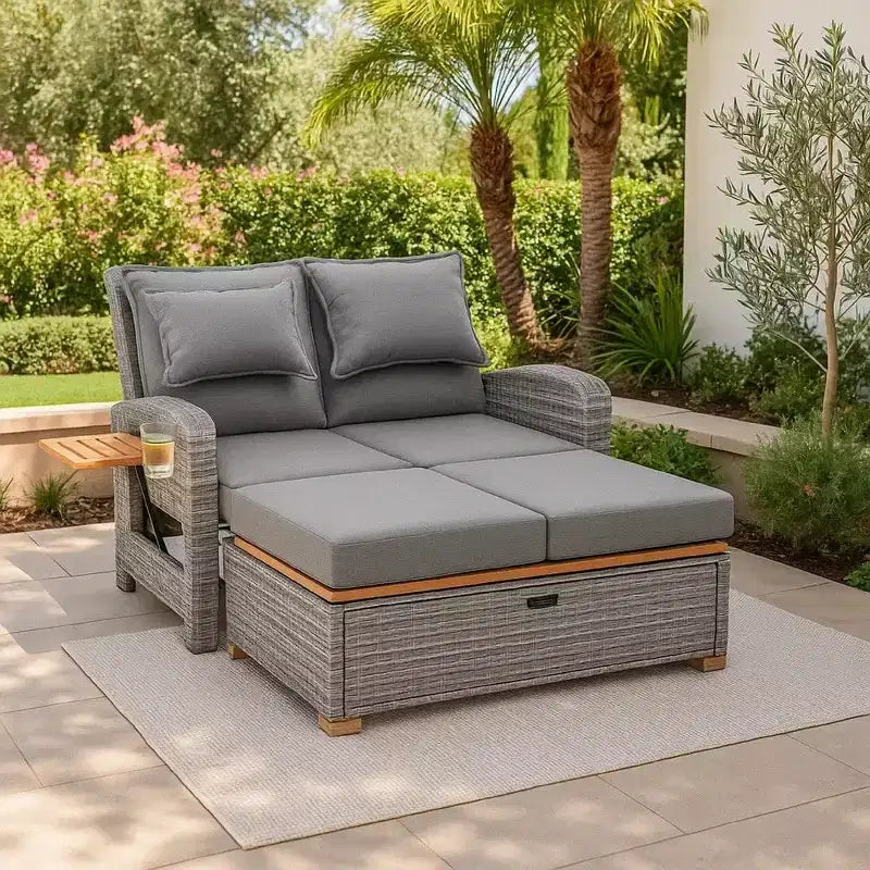 Ensemble de chaises longues de jardin inclinables 2 places en osier gris avec banc de rangement et oreillers