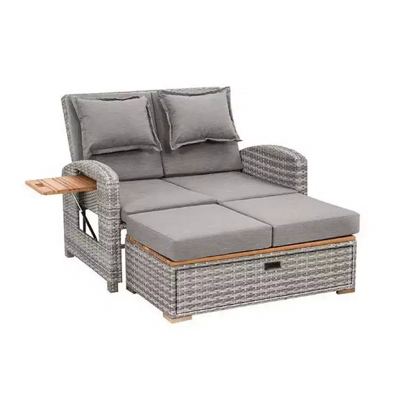 Ensemble de chaises longues de jardin inclinables 2 places en osier gris avec banc de rangement et oreillers