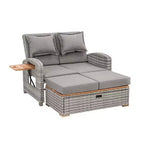 Ensemble de chaises longues de jardin inclinables 2 places en osier gris avec banc de rangement et oreillers