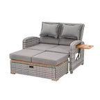 Ensemble de chaises longues de jardin inclinables 2 places en osier gris avec banc de rangement et oreillers