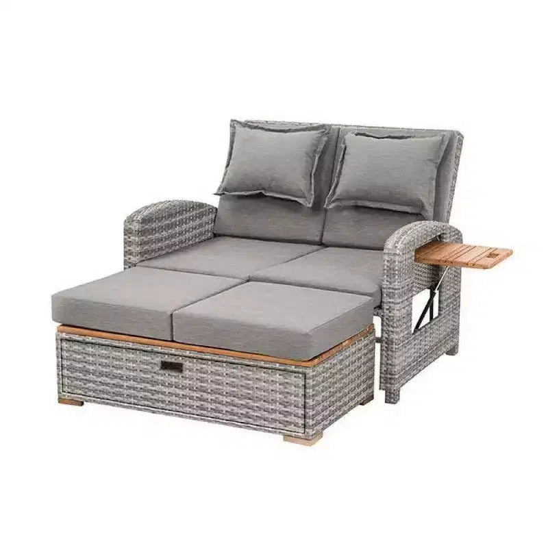 Ensemble de chaises longues de jardin inclinables 2 places en osier gris avec banc de rangement et oreillers