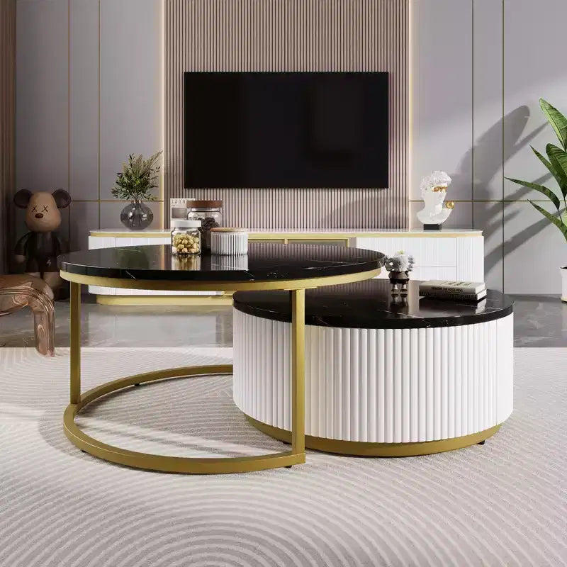 Gold Round Nesting Coffee Table Set of 2, Fluted Center Table with Gold Legs, Modern End Table with Drawer for Living Room