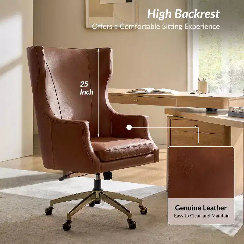 Fauteuil de bureau pivotant à dossier haut en cuir véritable – Noir / Marron / Camel / Bleu marine | 1 place