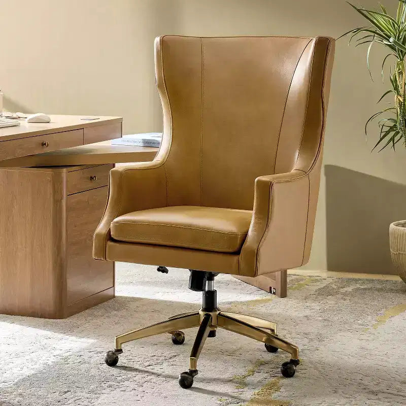 Fauteuil de bureau pivotant à dossier haut en cuir véritable – Noir / Marron / Camel / Bleu marine | 1 place
