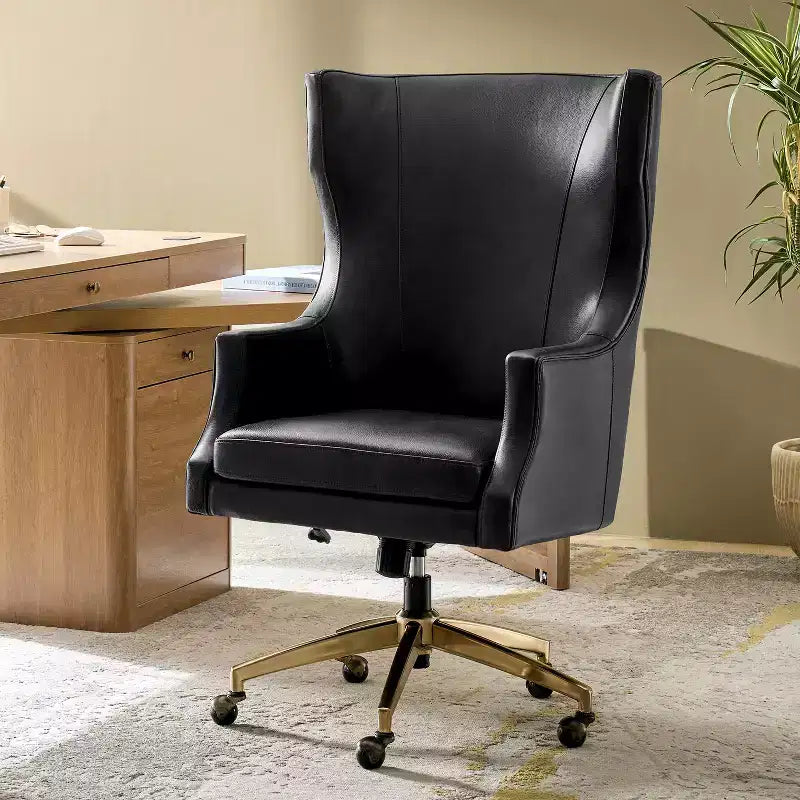 Fauteuil de bureau pivotant à dossier haut en cuir véritable – Noir / Marron / Camel / Bleu marine | 1 place