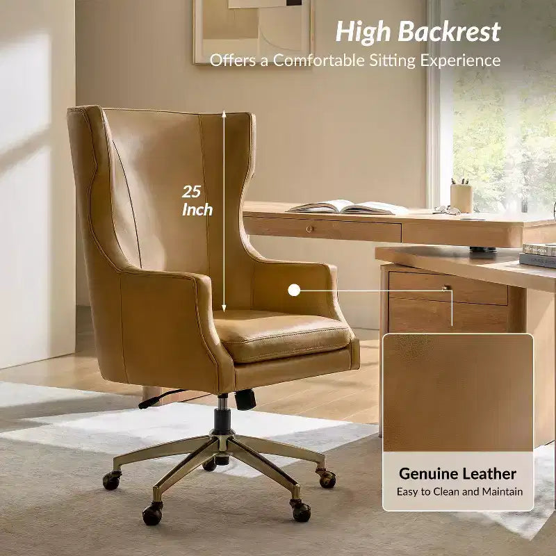 Fauteuil de bureau pivotant à dossier haut en cuir véritable – Noir / Marron / Camel / Bleu marine | 1 place