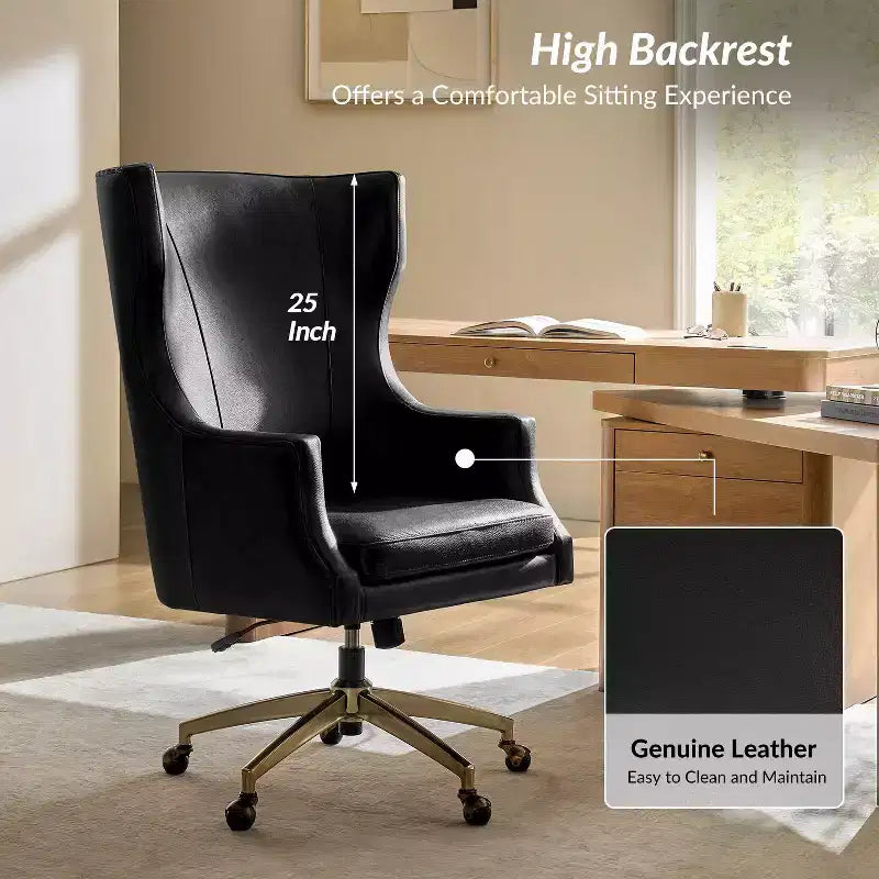 Fauteuil de bureau pivotant à dossier haut en cuir véritable – Noir / Marron / Camel / Bleu marine | 1 place