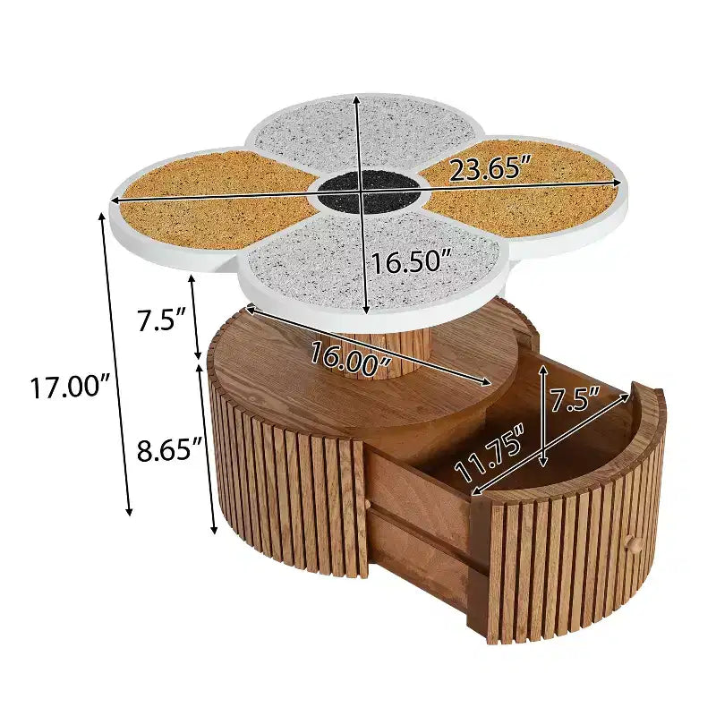 Table basse en forme de fleur avec tiroir de rangement – Noir / Naturel