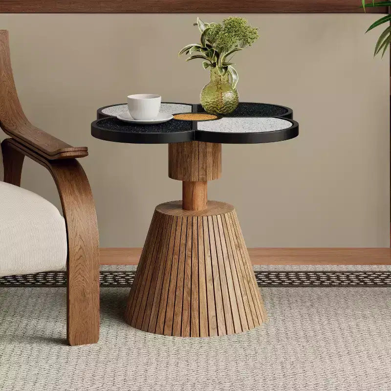 Table basse en forme de fleur avec tiroir de rangement – Noir / Naturel
