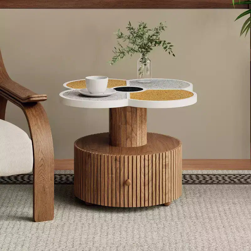 Table basse en forme de fleur avec tiroir de rangement – Noir / Naturel